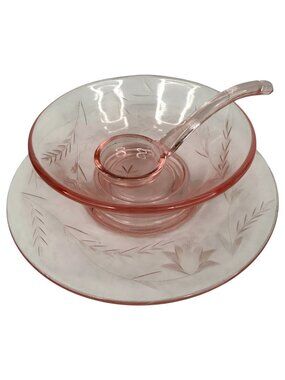 Pink Depression Glass 3 Piece Mayonnaise Set Etched Glass Bowl Plate Ladle